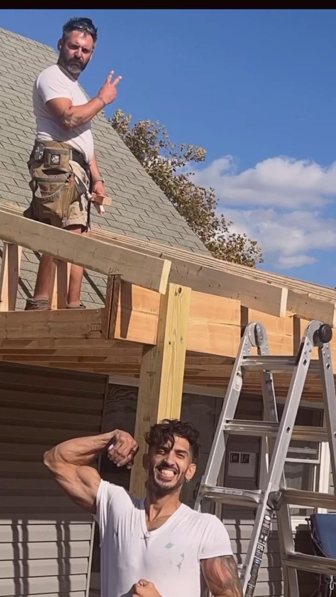 In-progress roof framing and sheathing repair.